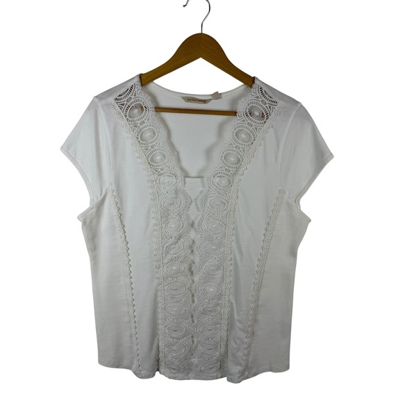 Soft Surroundings Tops - Soft Surroundings White Crochet Lace V-Neck Ribbed Knit Top Large Feminine Comfy